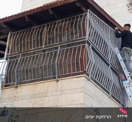 אדם מתקין רשת למניעת יונים על מרפסת